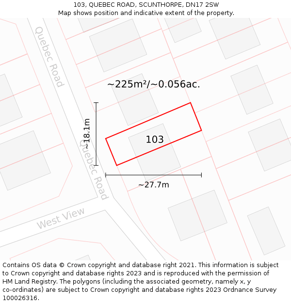 103, QUEBEC ROAD, SCUNTHORPE, DN17 2SW: Plot and title map