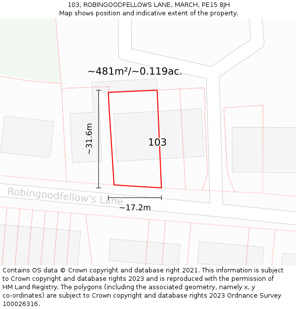 103, ROBINGOODFELLOWS LANE, MARCH, PE15 8JH: Plot and title map