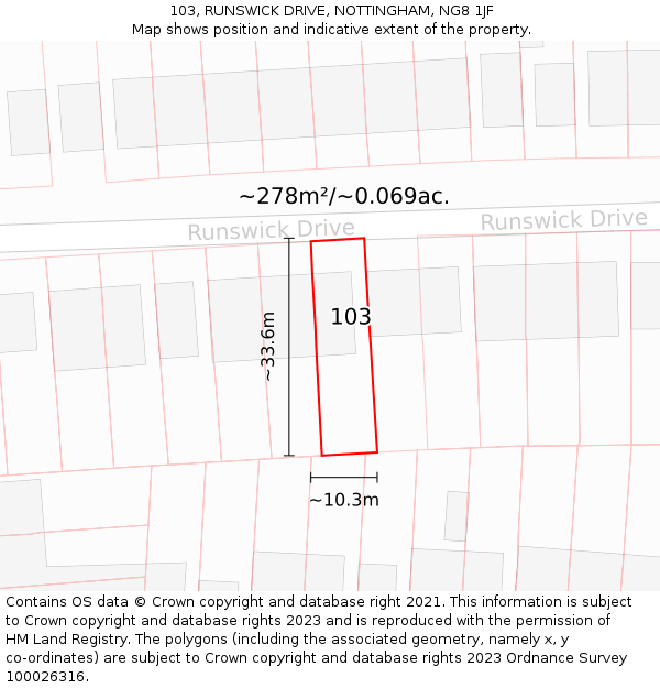 103, RUNSWICK DRIVE, NOTTINGHAM, NG8 1JF: Plot and title map