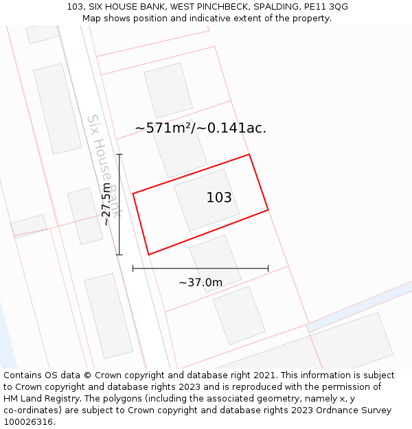 103, SIX HOUSE BANK, WEST PINCHBECK, SPALDING, PE11 3QG: Plot and title map