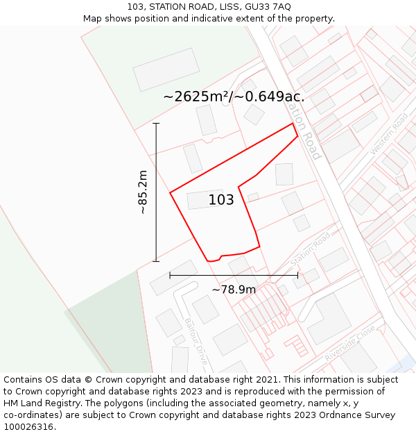 103, STATION ROAD, LISS, GU33 7AQ: Plot and title map