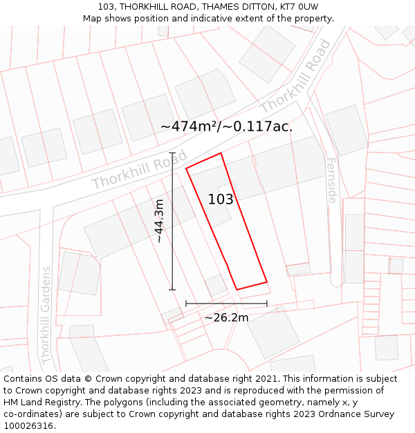 103, THORKHILL ROAD, THAMES DITTON, KT7 0UW: Plot and title map