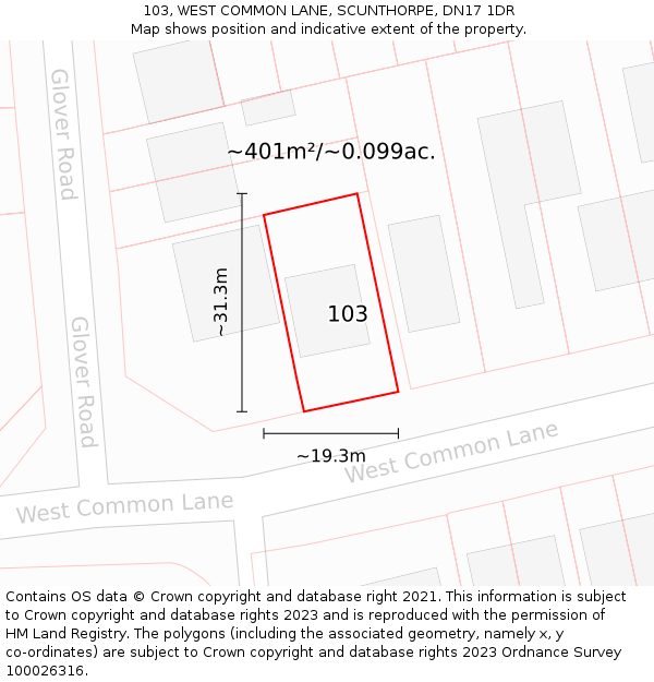 103, WEST COMMON LANE, SCUNTHORPE, DN17 1DR: Plot and title map