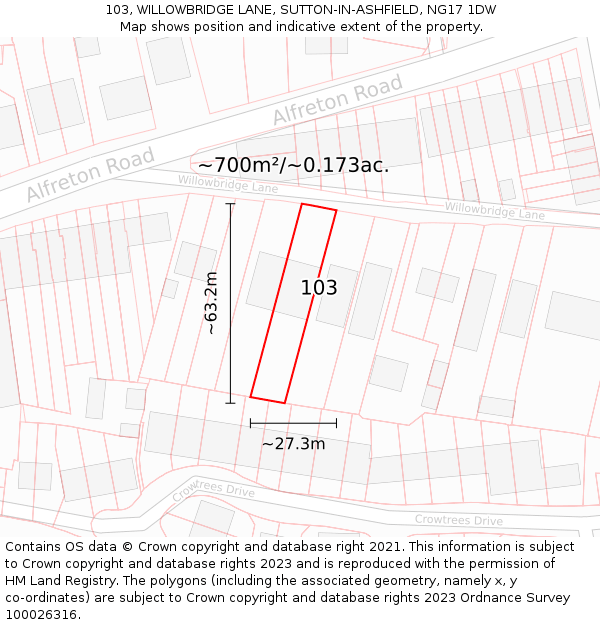 103, WILLOWBRIDGE LANE, SUTTON-IN-ASHFIELD, NG17 1DW: Plot and title map