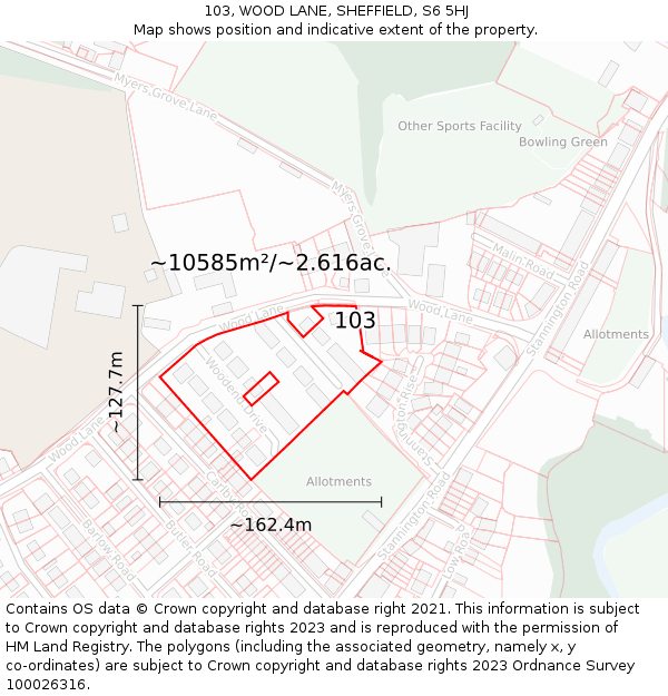 103, WOOD LANE, SHEFFIELD, S6 5HJ: Plot and title map