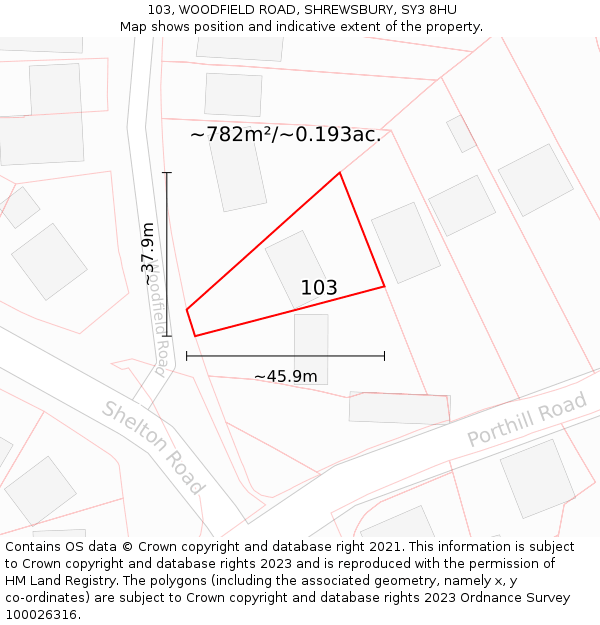 103, WOODFIELD ROAD, SHREWSBURY, SY3 8HU: Plot and title map