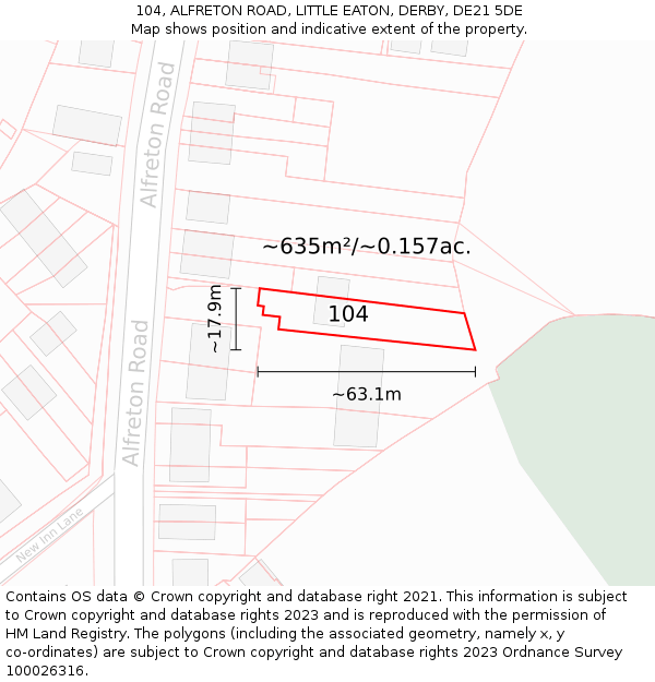 104, ALFRETON ROAD, LITTLE EATON, DERBY, DE21 5DE: Plot and title map