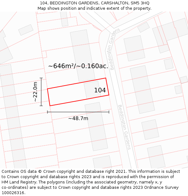 104, BEDDINGTON GARDENS, CARSHALTON, SM5 3HQ: Plot and title map