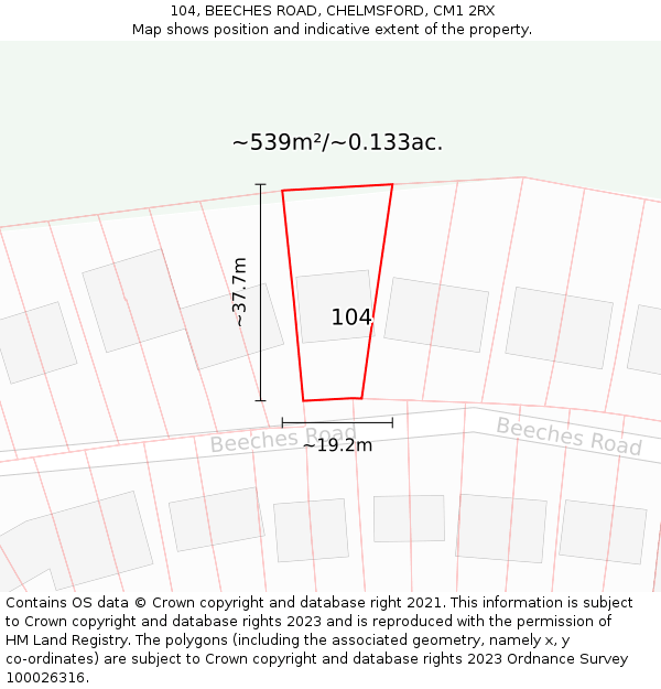 104, BEECHES ROAD, CHELMSFORD, CM1 2RX: Plot and title map