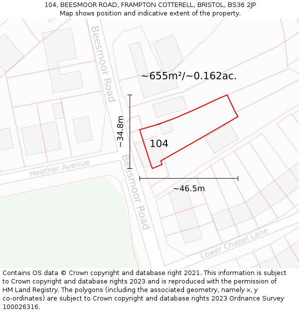 104, BEESMOOR ROAD, FRAMPTON COTTERELL, BRISTOL, BS36 2JP: Plot and title map