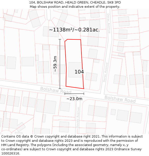 104, BOLSHAW ROAD, HEALD GREEN, CHEADLE, SK8 3PD: Plot and title map