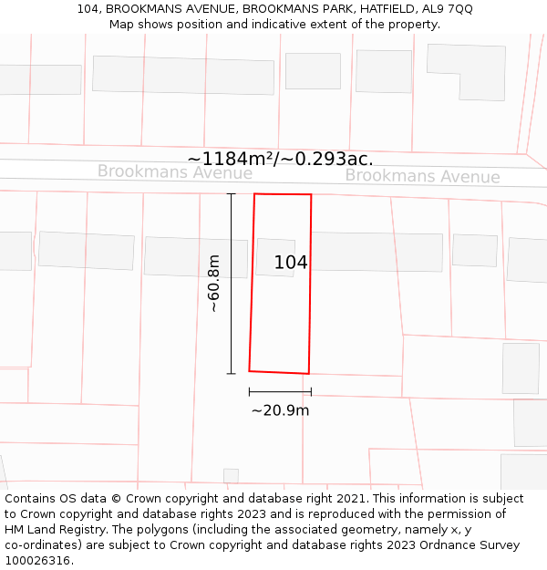 104, BROOKMANS AVENUE, BROOKMANS PARK, HATFIELD, AL9 7QQ: Plot and title map