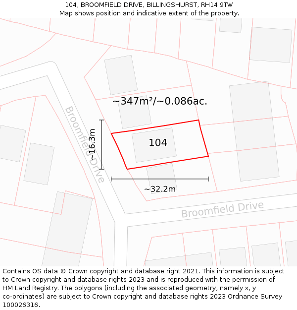 104, BROOMFIELD DRIVE, BILLINGSHURST, RH14 9TW: Plot and title map