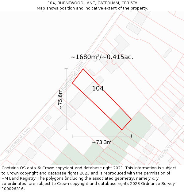 104, BURNTWOOD LANE, CATERHAM, CR3 6TA: Plot and title map