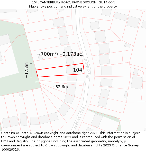 104, CANTERBURY ROAD, FARNBOROUGH, GU14 6QN: Plot and title map