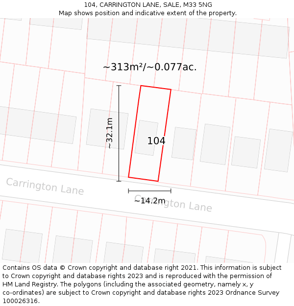 104, CARRINGTON LANE, SALE, M33 5NG: Plot and title map