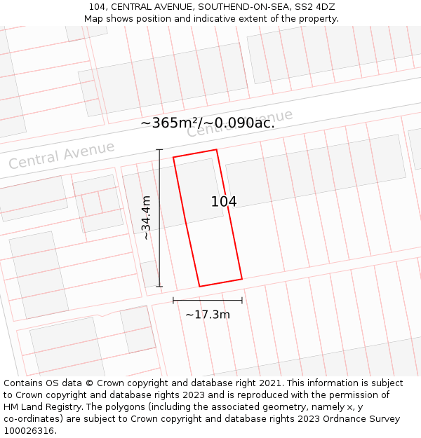 104, CENTRAL AVENUE, SOUTHEND-ON-SEA, SS2 4DZ: Plot and title map