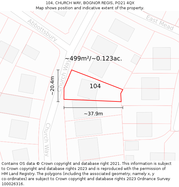 104, CHURCH WAY, BOGNOR REGIS, PO21 4QX: Plot and title map