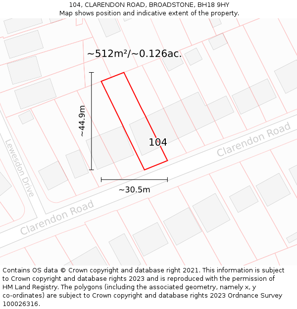 104, CLARENDON ROAD, BROADSTONE, BH18 9HY: Plot and title map