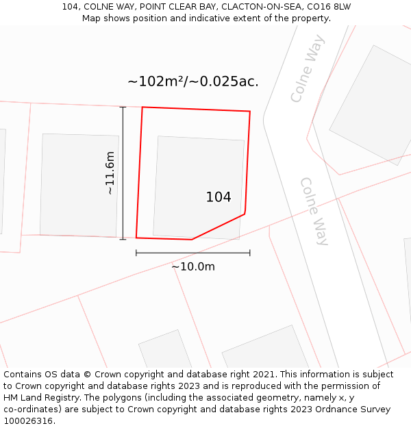 104, COLNE WAY, POINT CLEAR BAY, CLACTON-ON-SEA, CO16 8LW: Plot and title map