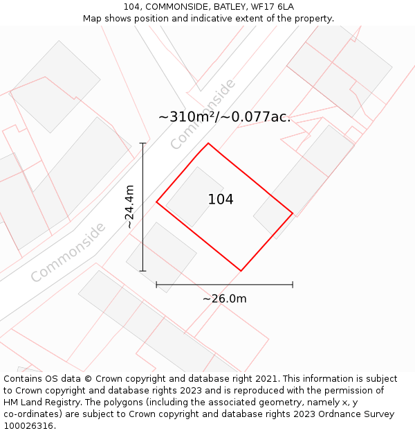 104, COMMONSIDE, BATLEY, WF17 6LA: Plot and title map