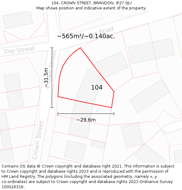 104, CROWN STREET, BRANDON, IP27 0JU: Plot and title map