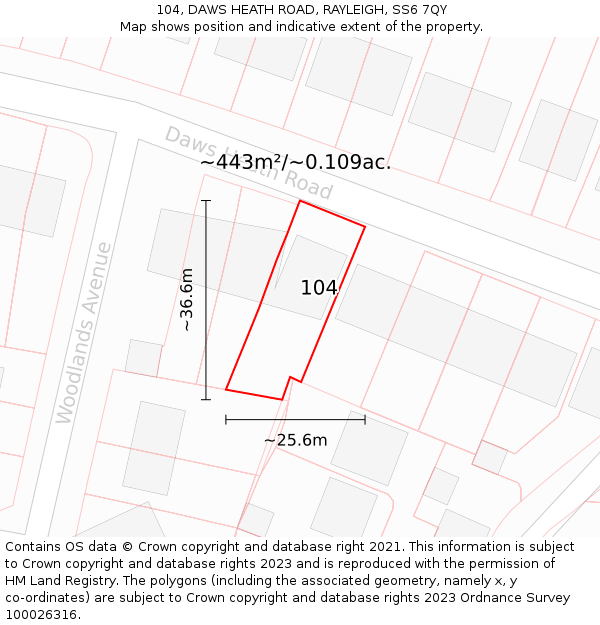 104, DAWS HEATH ROAD, RAYLEIGH, SS6 7QY: Plot and title map