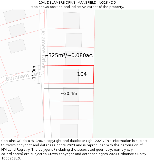 104, DELAMERE DRIVE, MANSFIELD, NG18 4DD: Plot and title map