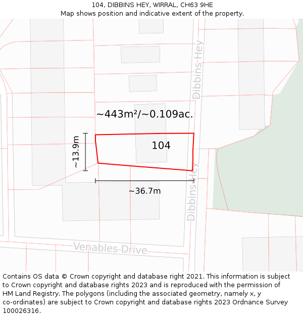 104, DIBBINS HEY, WIRRAL, CH63 9HE: Plot and title map