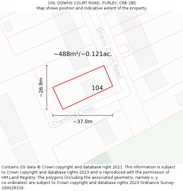 104, DOWNS COURT ROAD, PURLEY, CR8 1BD: Plot and title map