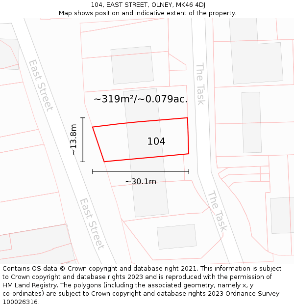 104, EAST STREET, OLNEY, MK46 4DJ: Plot and title map