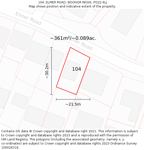 104, ELMER ROAD, BOGNOR REGIS, PO22 6LJ: Plot and title map