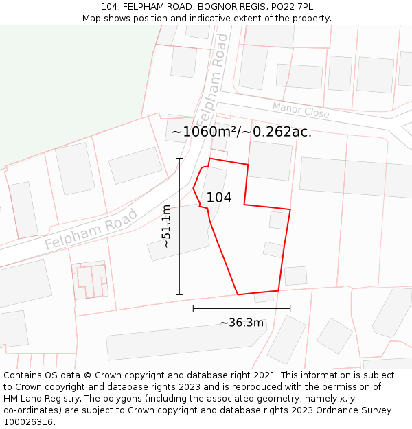 104, FELPHAM ROAD, BOGNOR REGIS, PO22 7PL: Plot and title map