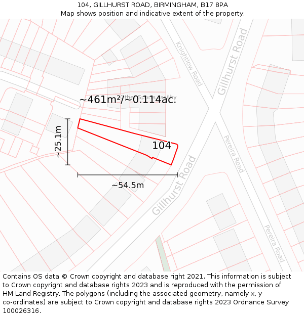 104, GILLHURST ROAD, BIRMINGHAM, B17 8PA: Plot and title map