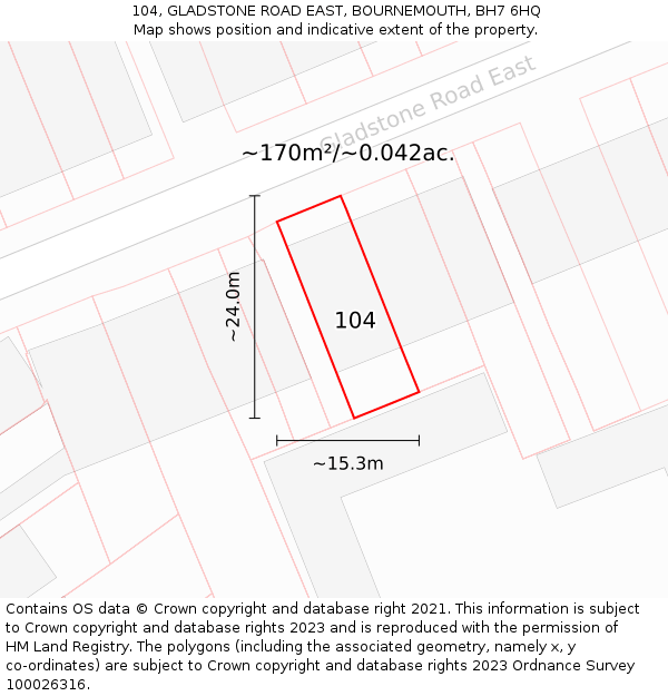 104, GLADSTONE ROAD EAST, BOURNEMOUTH, BH7 6HQ: Plot and title map