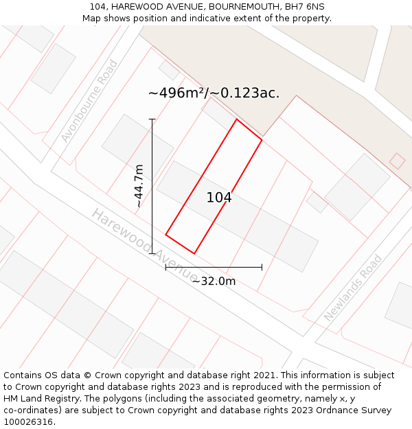 104, HAREWOOD AVENUE, BOURNEMOUTH, BH7 6NS: Plot and title map