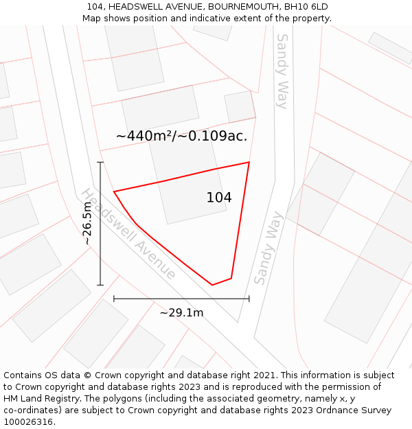 104, HEADSWELL AVENUE, BOURNEMOUTH, BH10 6LD: Plot and title map