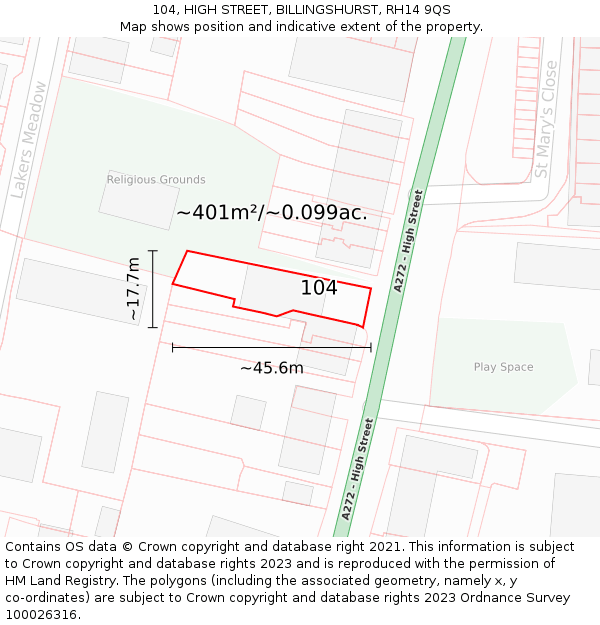 104, HIGH STREET, BILLINGSHURST, RH14 9QS: Plot and title map