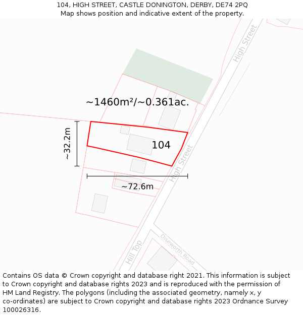104, HIGH STREET, CASTLE DONINGTON, DERBY, DE74 2PQ: Plot and title map