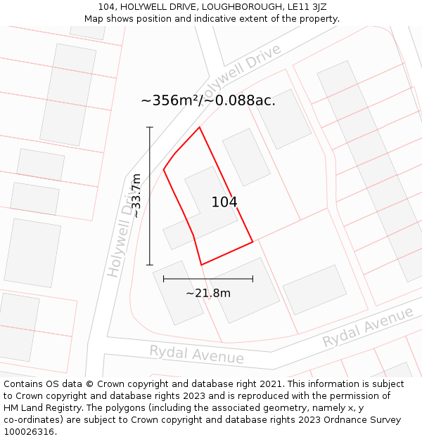 104, HOLYWELL DRIVE, LOUGHBOROUGH, LE11 3JZ: Plot and title map