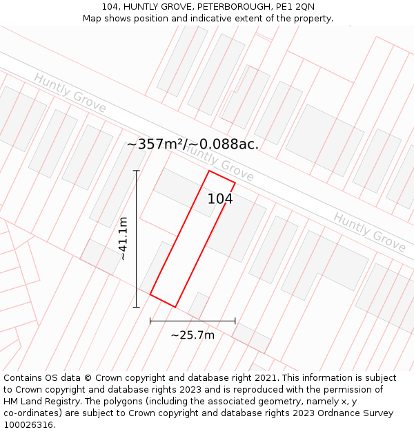 104, HUNTLY GROVE, PETERBOROUGH, PE1 2QN: Plot and title map