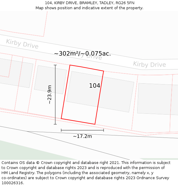104, KIRBY DRIVE, BRAMLEY, TADLEY, RG26 5FN: Plot and title map