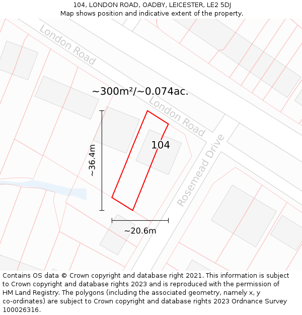 104, LONDON ROAD, OADBY, LEICESTER, LE2 5DJ: Plot and title map