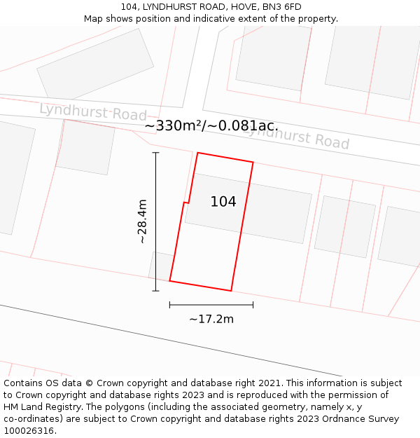 104, LYNDHURST ROAD, HOVE, BN3 6FD: Plot and title map