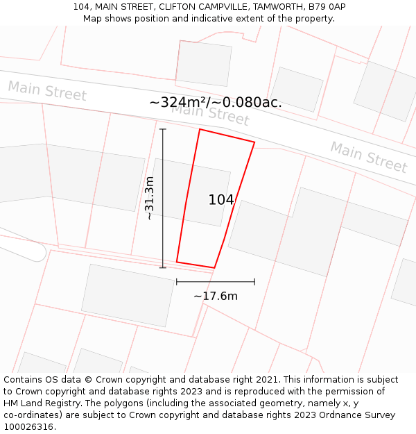 104, MAIN STREET, CLIFTON CAMPVILLE, TAMWORTH, B79 0AP: Plot and title map