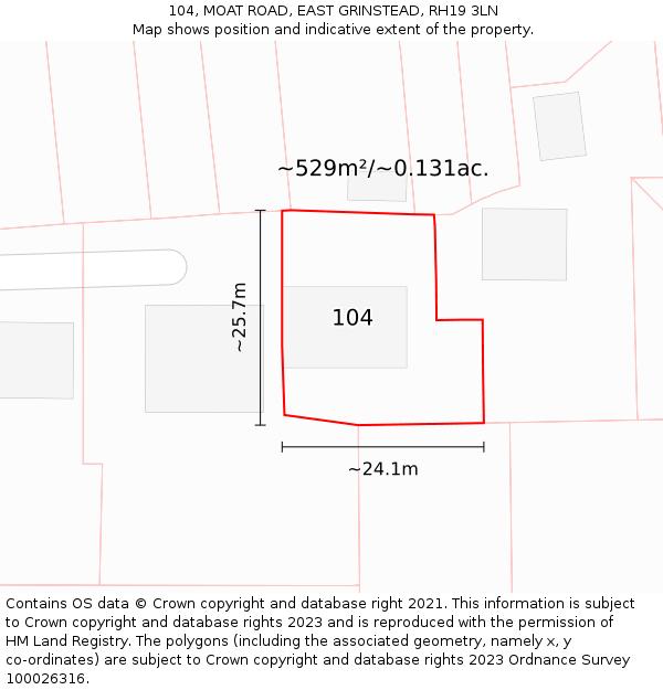 104, MOAT ROAD, EAST GRINSTEAD, RH19 3LN: Plot and title map