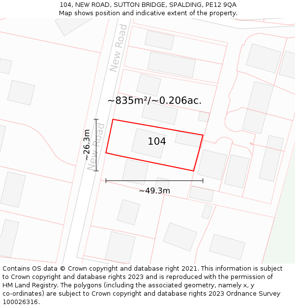 104, NEW ROAD, SUTTON BRIDGE, SPALDING, PE12 9QA: Plot and title map