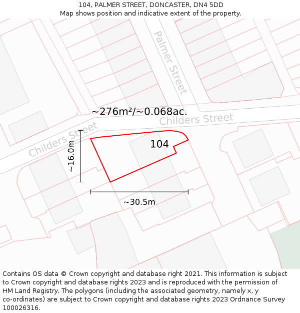 104, PALMER STREET, DONCASTER, DN4 5DD: Plot and title map