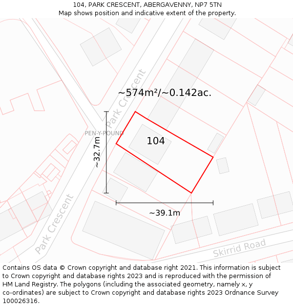 104, PARK CRESCENT, ABERGAVENNY, NP7 5TN: Plot and title map