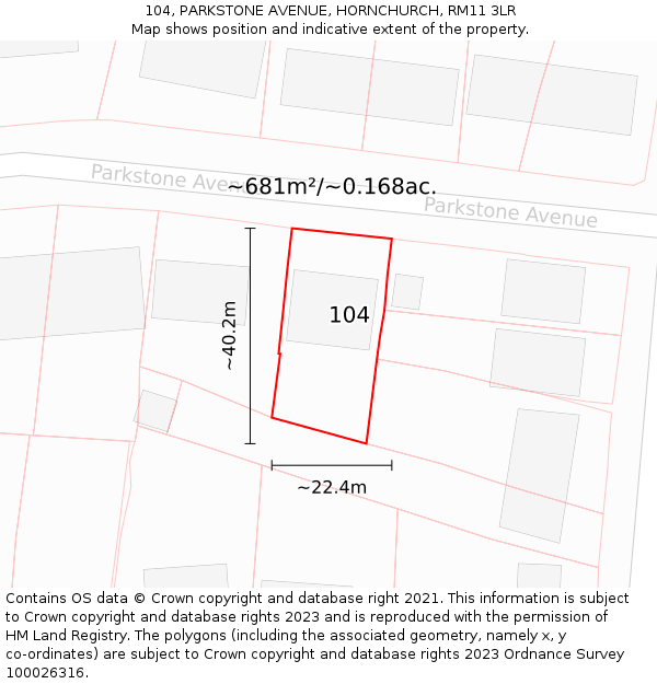 104, PARKSTONE AVENUE, HORNCHURCH, RM11 3LR: Plot and title map